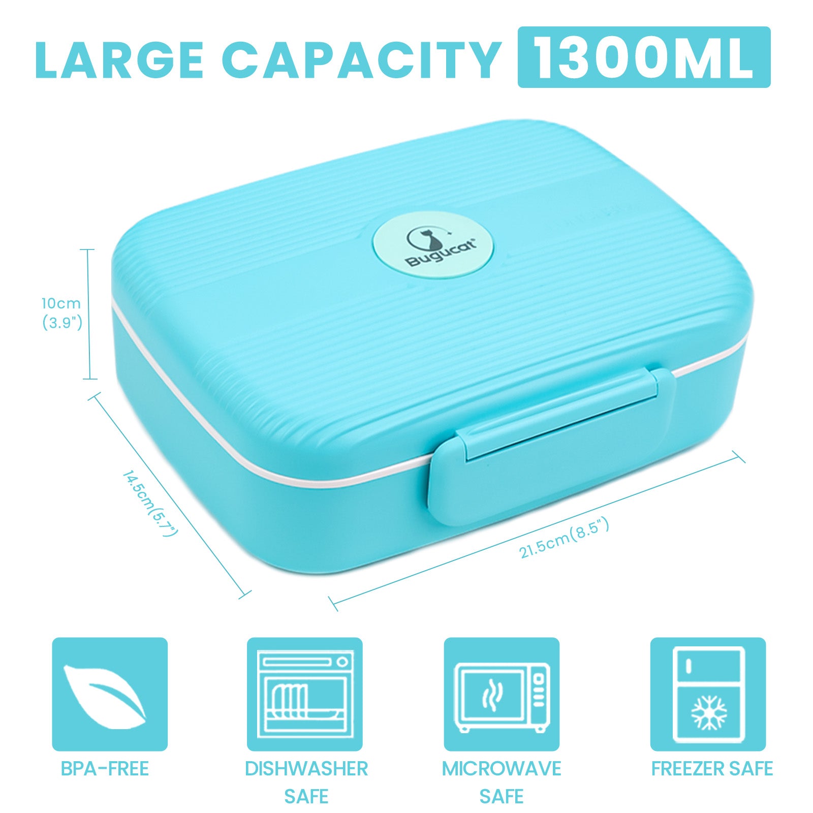 Bugucat Lunch Box 1300ML, Adult Kids Leakproof Bento Box with 5 Compar