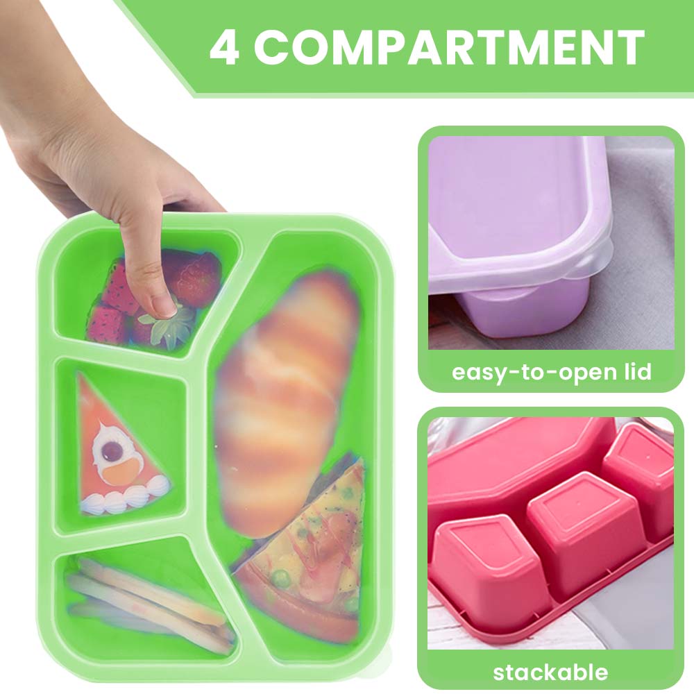 Bugucat Bento Box 1000ML, 4er Pack Lunchbox Brotdose mit 4 Fächern, Brotzeitbox Set für Kinder Erwachsene Jausenbox mit Löffel Vesperdose Brotbüchse zum Schule Arbeit Picknick Mikrowellenfest BPA-frei