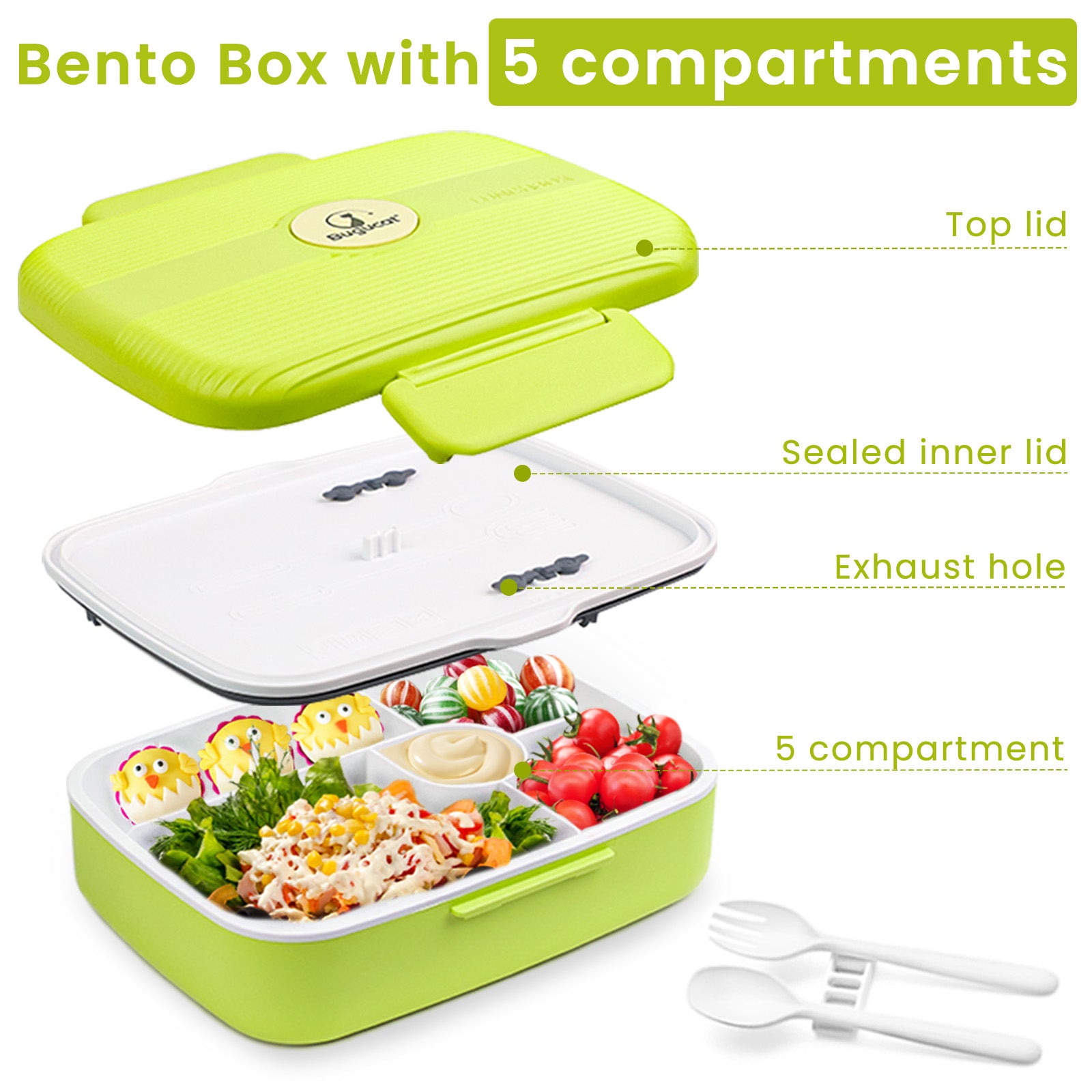 Bugucat Bento Box 1600ML, fiambrera con 3 compartimentos y