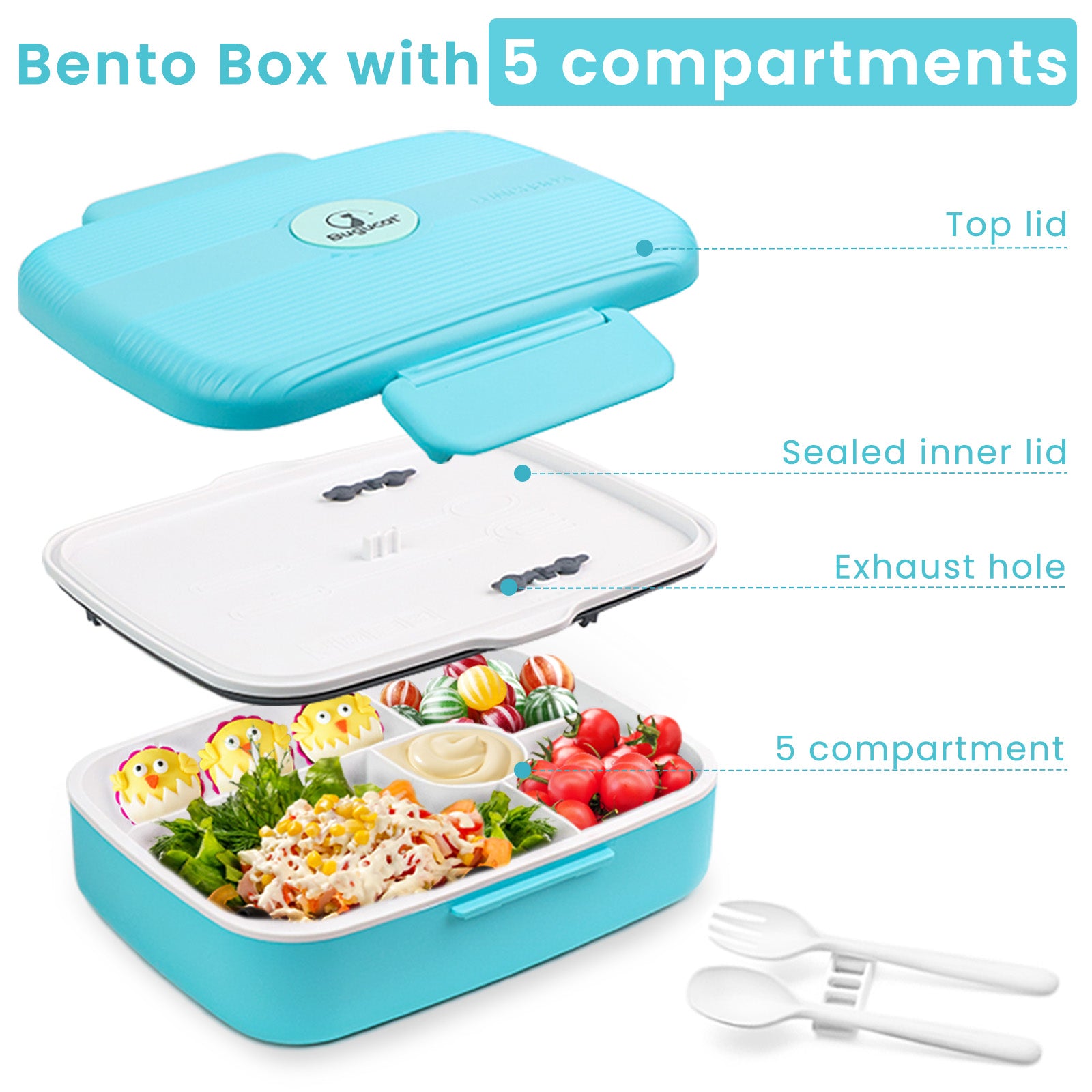 Bento Box Adult Lunch Box Kids, 1300ml-4 Compartment Bento Lunch Box  Containers, Microwave & Dishwasher & Freezer Safe, Bpa Free (blue)