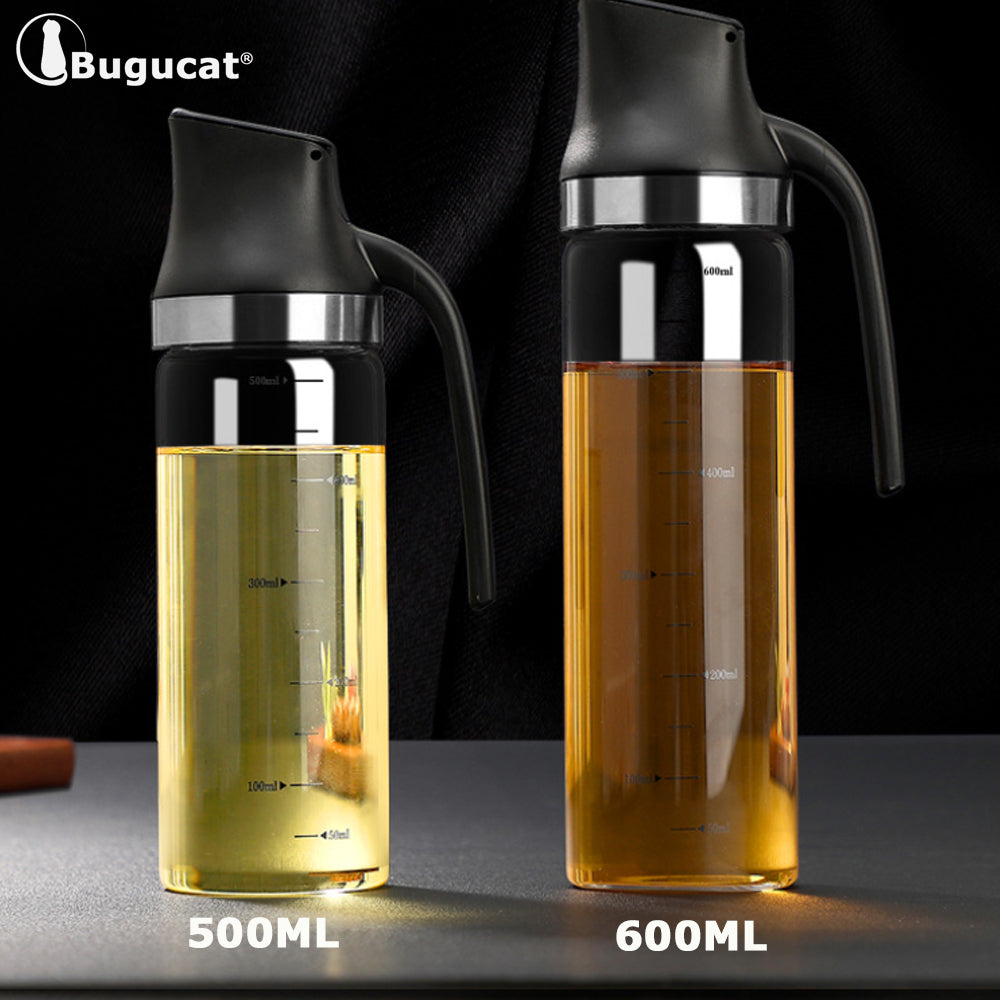 Botella de aceite Bugucat 600ML, dispensador de vinagre/aceite premium fabricado en acero inoxidable y cristal, contenedor de aceite de oliva botella de cristal de aceite con boquilla automática