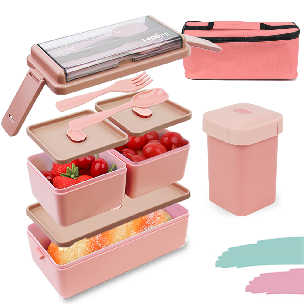 1400ml Lunch Box With 3 Compartments (green)- 2 Layer Bento Box With Bag  And Insulated Cutlery, Meal Prep Container Box For Adults Students Kids